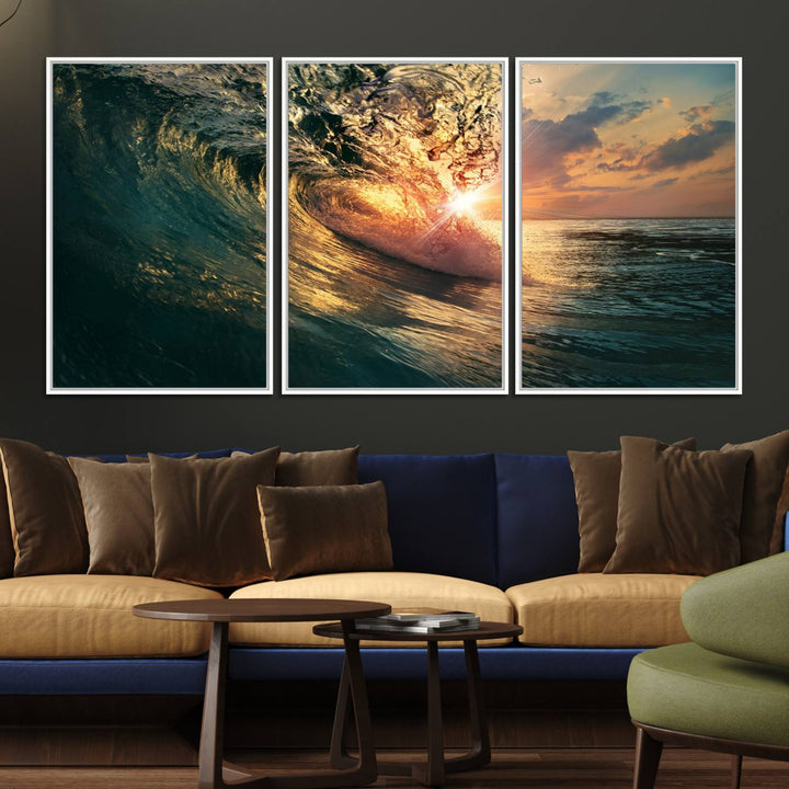 A triptych seascape titled Ocean Wave Sunset Canvas, featuring a stunning ocean view at sunset, is beautifully framed and ready to hang.