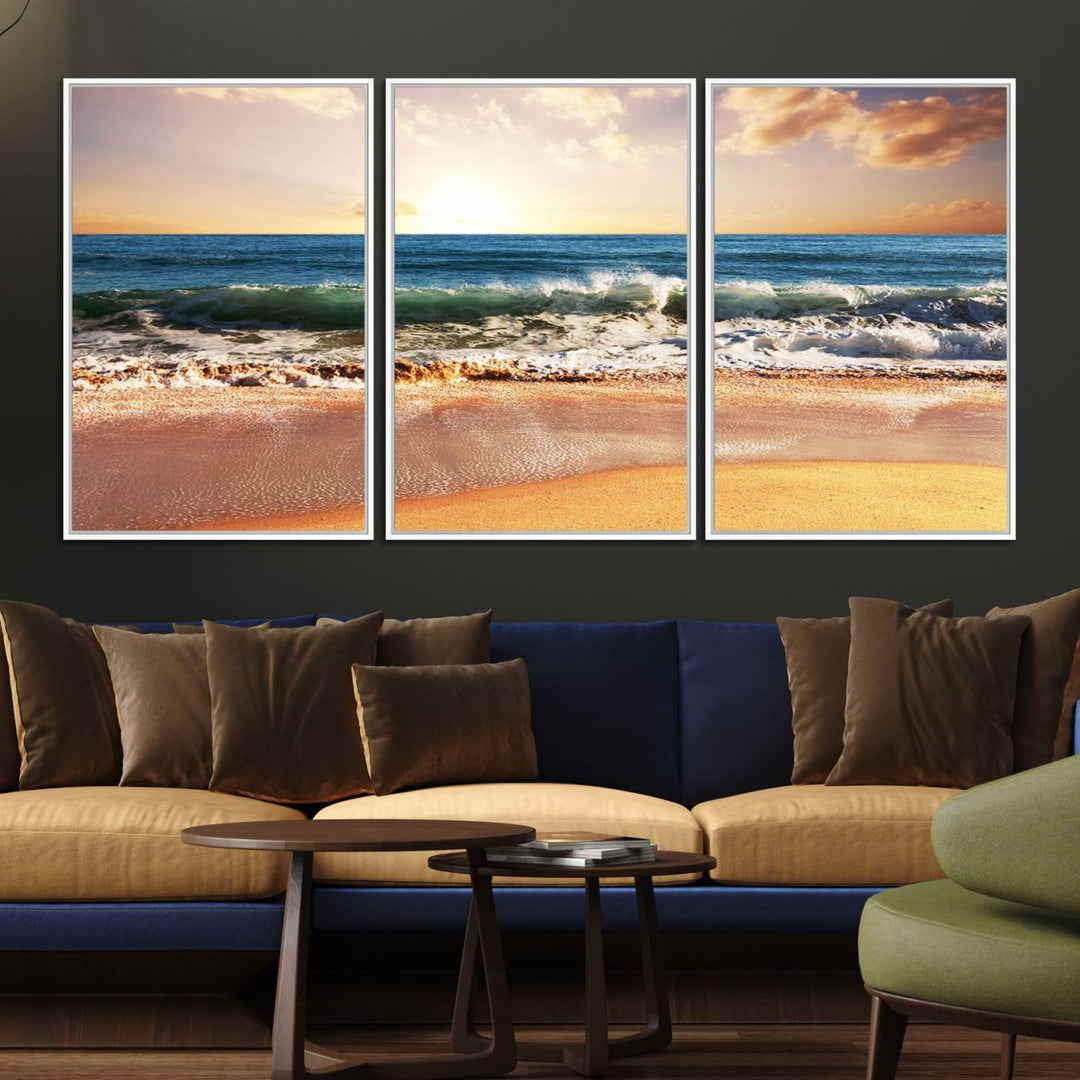 The wall features a Canon-quality Serene Beach Path canvas giclee print, depicting coastal dunes.