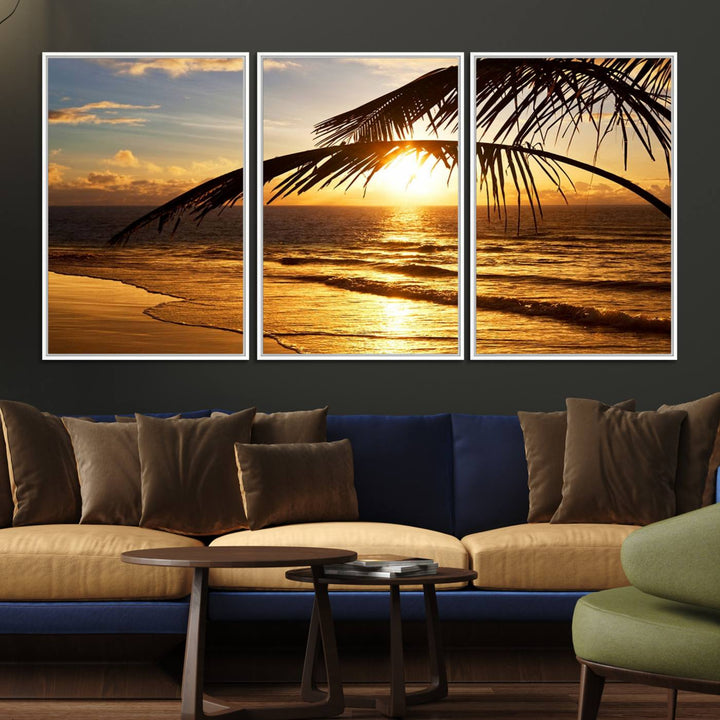 Golden Tropical Beach Sunset Canvas Triptych: Coastal Palm Art & Giclee Print with Gallery Wrap, capturing golden waves.