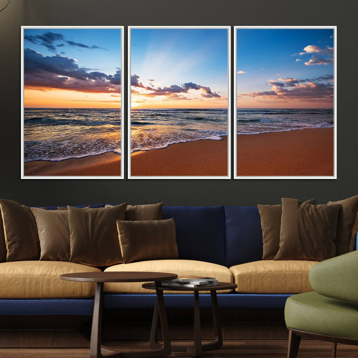 The living room showcases a Serene Ocean Sunset Canvas Print.