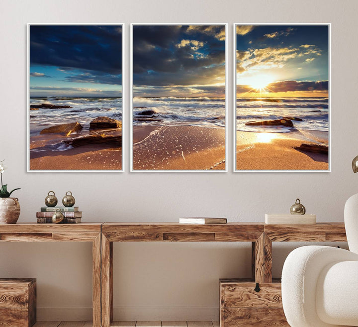 The Golden Hour Beach Sunset triptych adorns the wall with its captivating imagery.