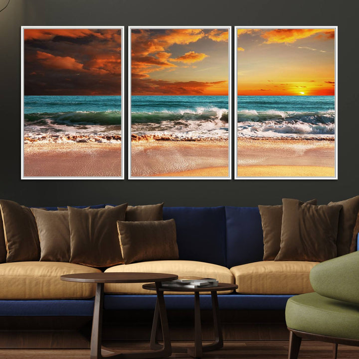 A Golden Sunset Beach triptych seascape canvas hangs on the wall.