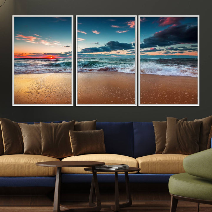 A large 3-panel sunset ocean beach canvas is displayed above the counter.