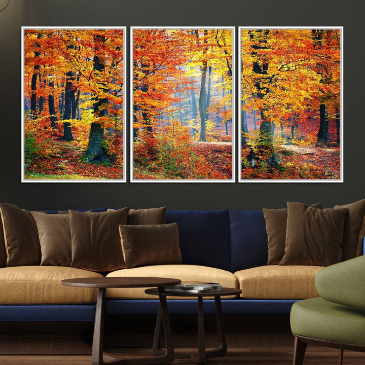 The room features an Autumn Red Forest Triptych Canvas Wall Art.