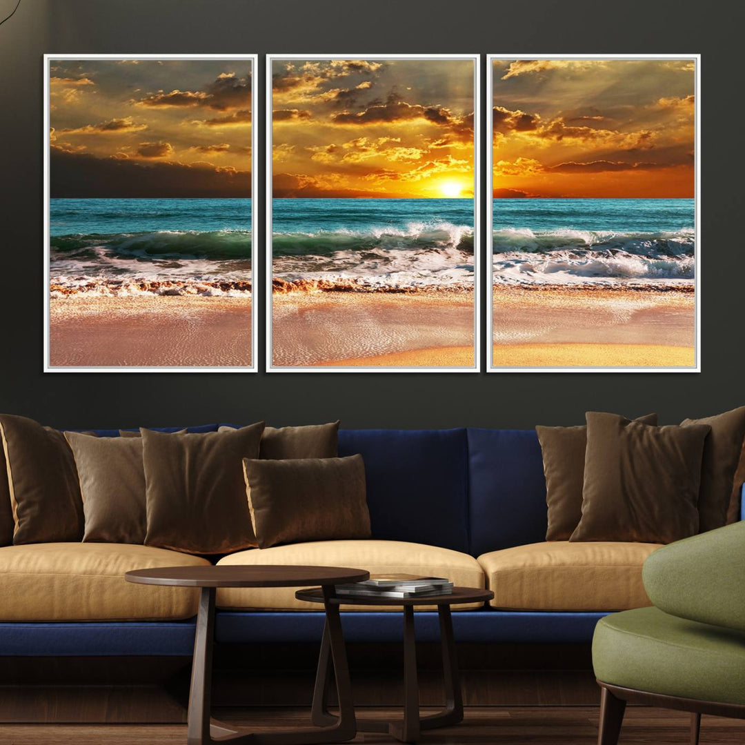 Golden Sunset Beach Canvas Triptych adorns the cozy room, creating a stunning focal point.