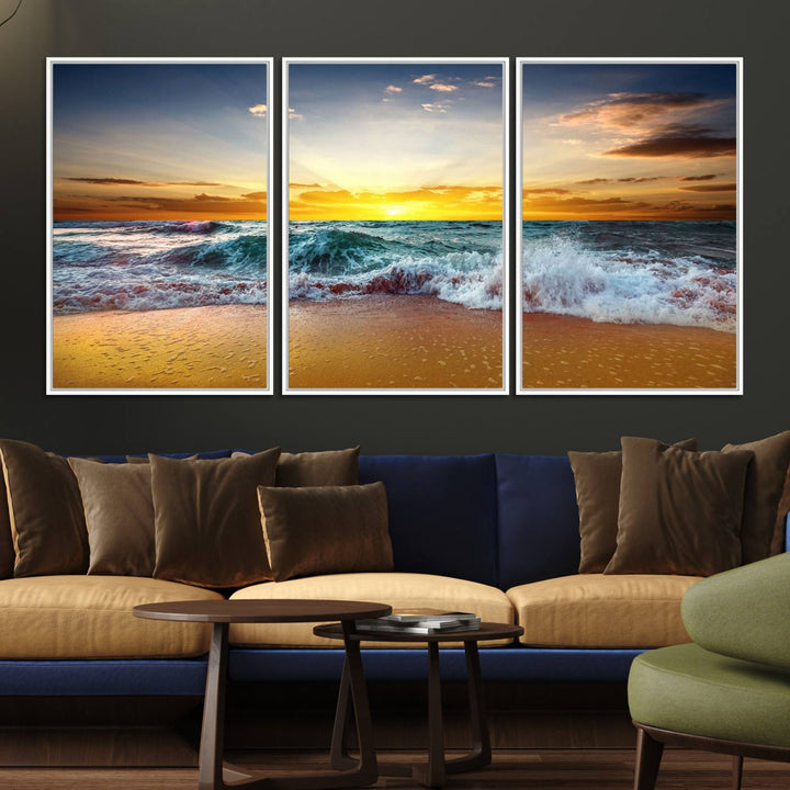 The kitchen features the Golden Sunset Ocean Waves multi-panel coastal wall art canvas.