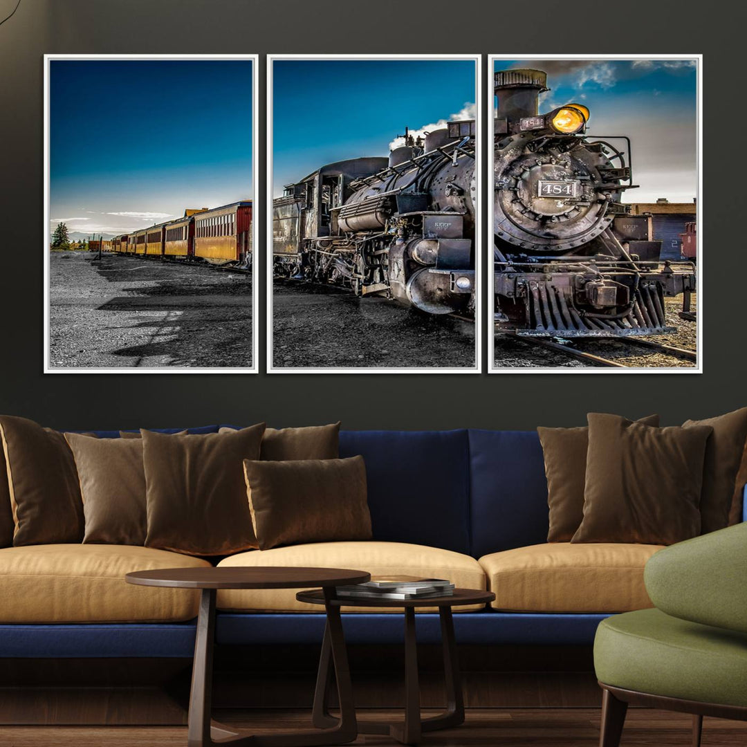 The Train Wall Art Canvas Print features a vintage steam train with a bright headlight.