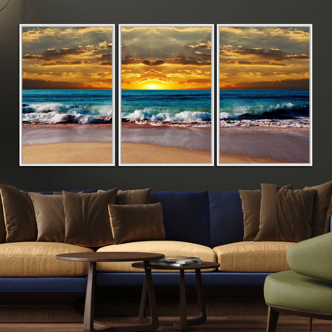 The Ocean Sunrise Over Golden Beach Waves wall art is prominently displayed, capturing the serene beauty of a beach at sunrise.