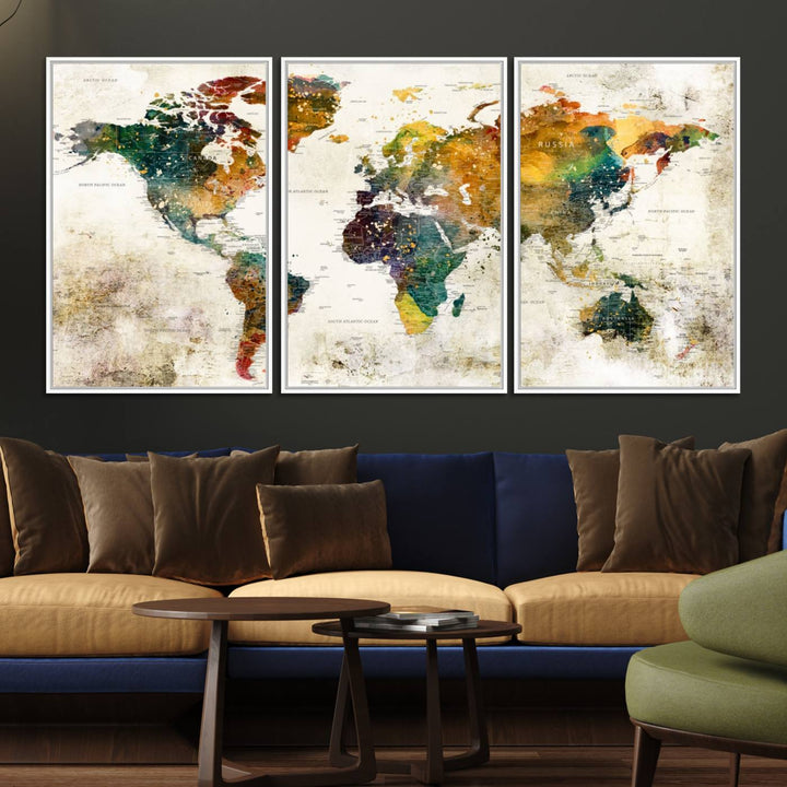 A 3-panel vintage world map canvas art is displayed.