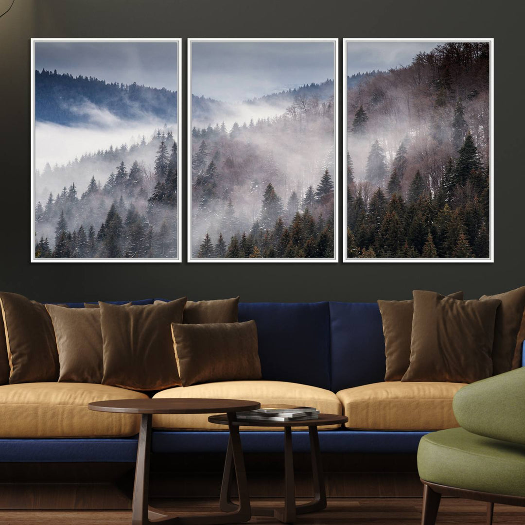 A museum-quality canvas of Beautiful Rising Fog in Winter Mountain Landscape hangs on the wall.