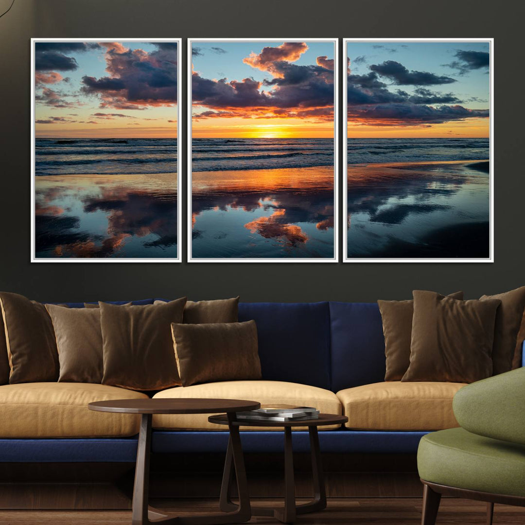 A Beach Sunset Print - Stunning Ocean Canvas Artwork adorns the wall.