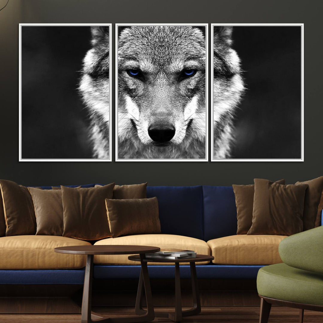 A ready-to-hang Black and White Wild Wolf Wall Art Canvas Print.