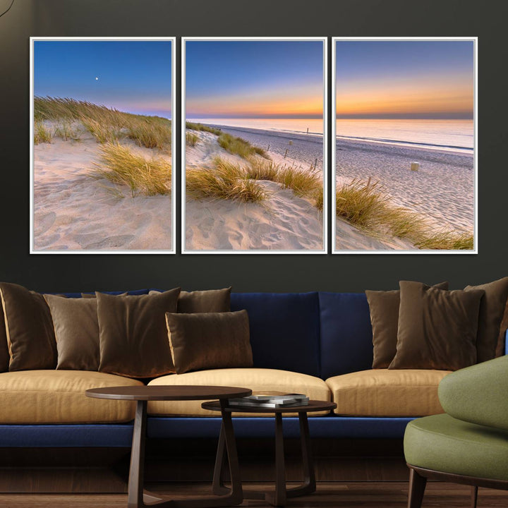 The cozy kitchen features the Sunrise On The Beach canvas art.