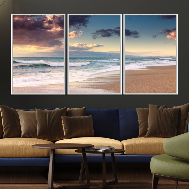 The dining area is enhanced with the Cloudy Weather Beach Sunset Canvas Print.