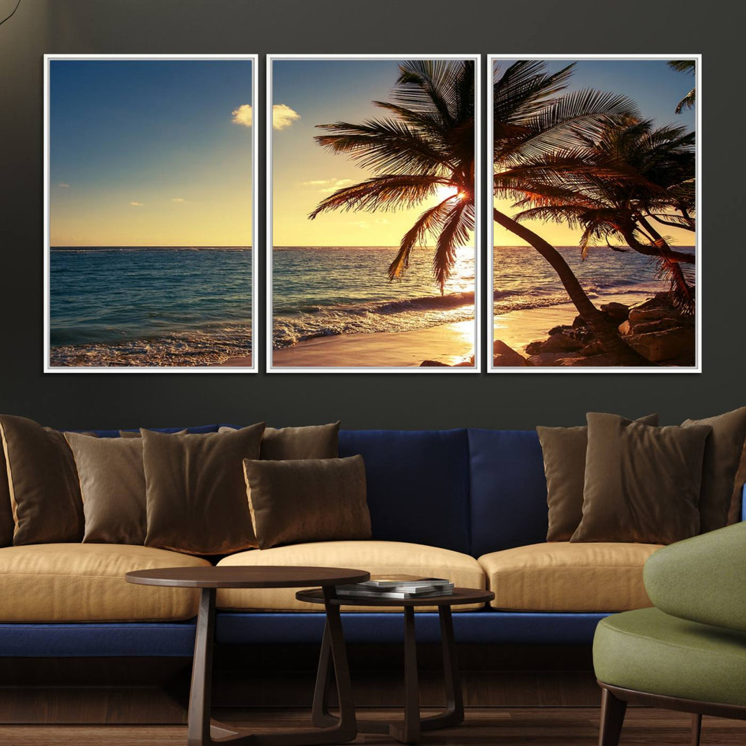 Sunset Palm Trees Wall Art Canvas Print: a serene beach scene on museum-quality canvas.