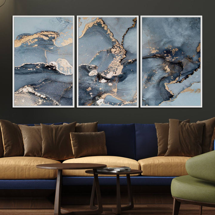 A Multipanel Marble Fluid Effect Canvas Print hangs prominently on the wall.