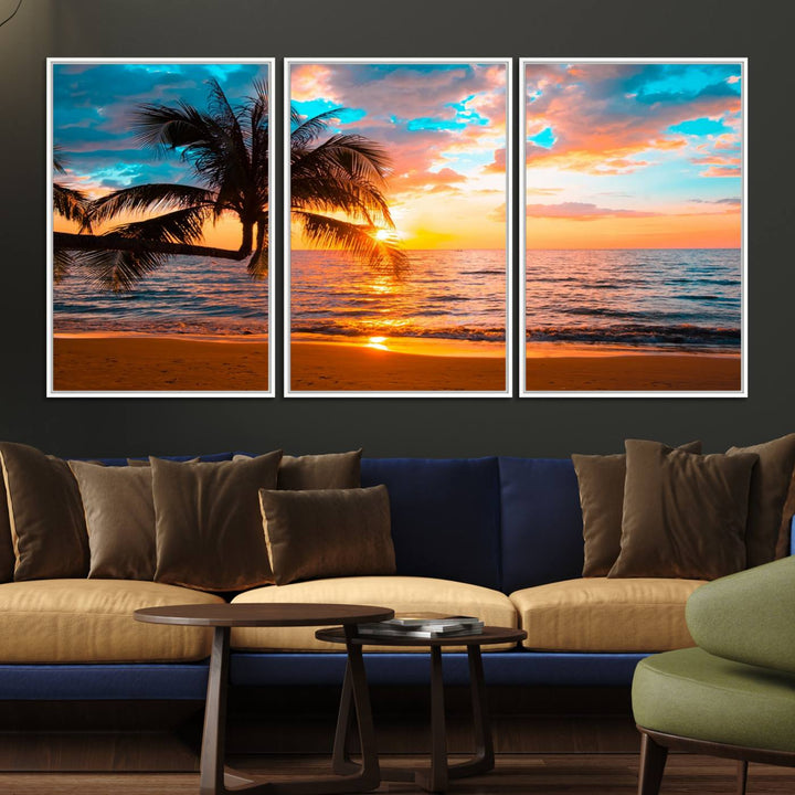 The Palm Tree Sunset On The Beach ready-to-hang canvas wall art—museum quality—brings a serene atmosphere to the room.