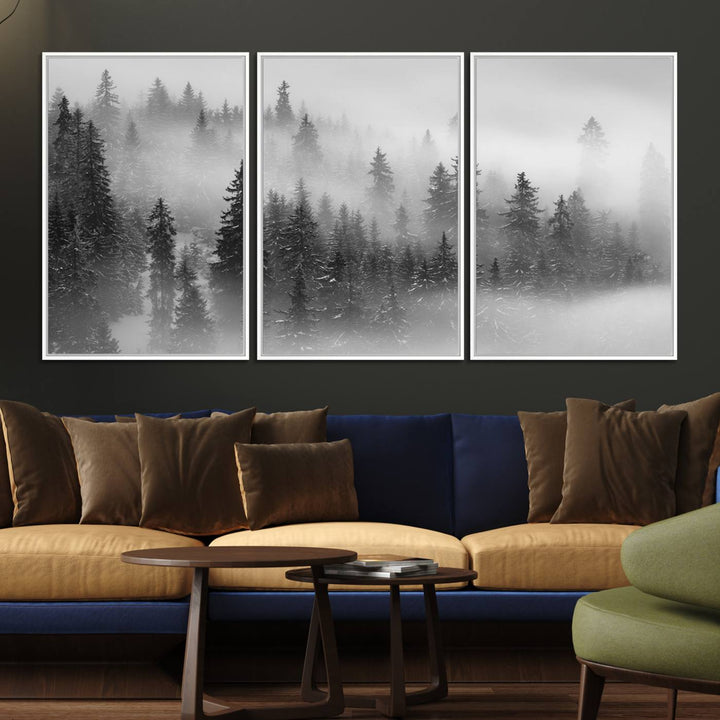 A stunning Foggy Misty Forest Canvas Wall Art adorns the kitchen wall.