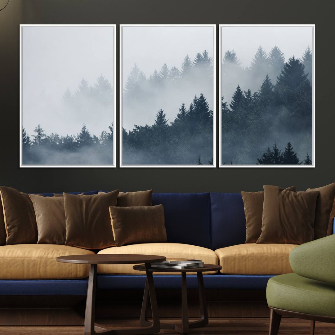 A large Foggy Pine Forest Wall Art Canvas Print.