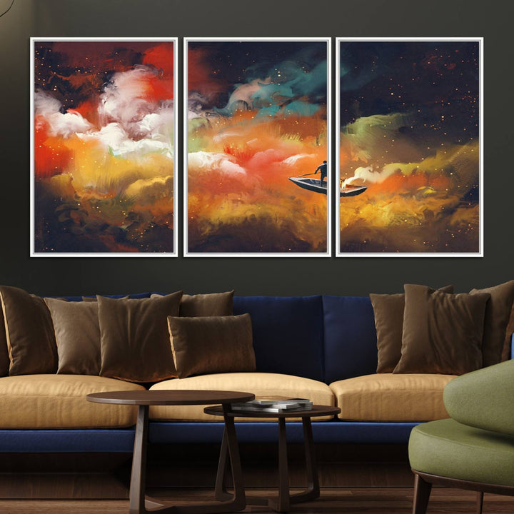 Surreal Space Adventure Canvas Wall Art features a person in a boat.