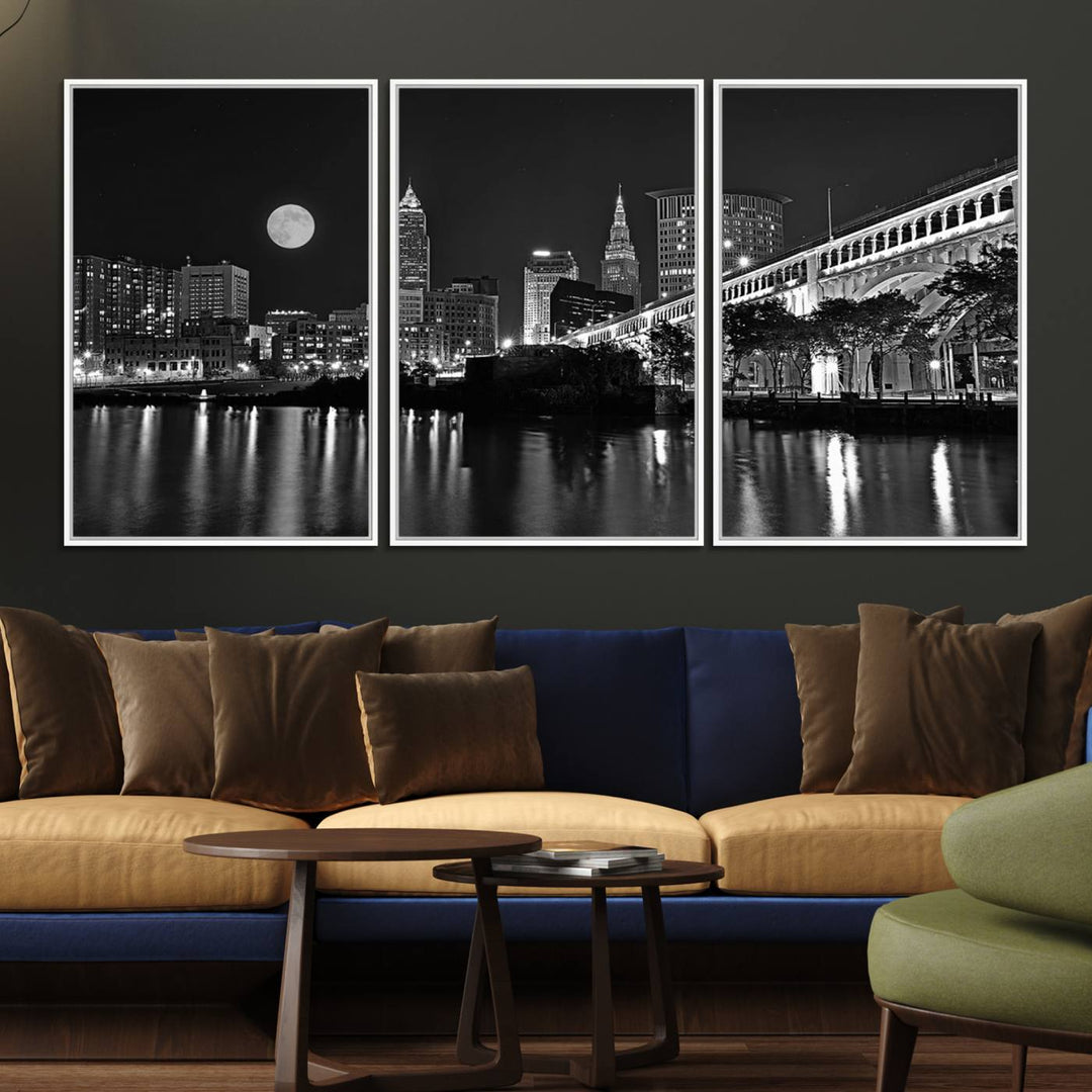 Cleveland Night Skyline Canvas Print: A museum-quality piece, ready to hang, featuring a stunning full moon and its reflections below.