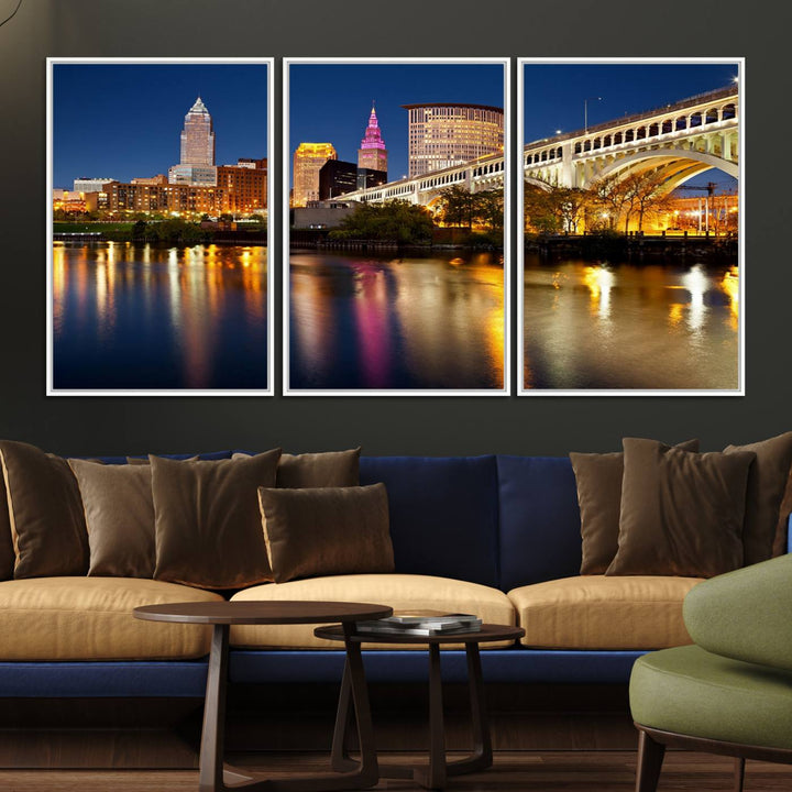 Cleveland Night Skyline Canvas: Cityscape with an illuminated bridge reflecting on calm water.