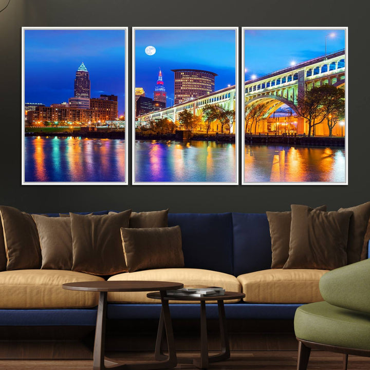 A Cleveland Night Skyline Wall Art on museum-quality canvas showcases a bridge and illuminated buildings.