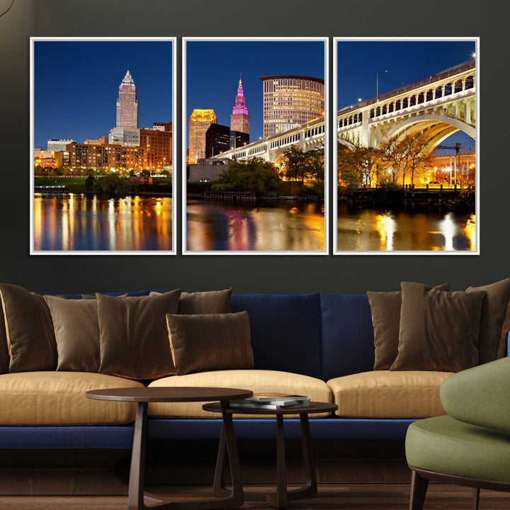 The Cleveland City Lights Canvas showcases a lit-up bridge and cityscape at night.