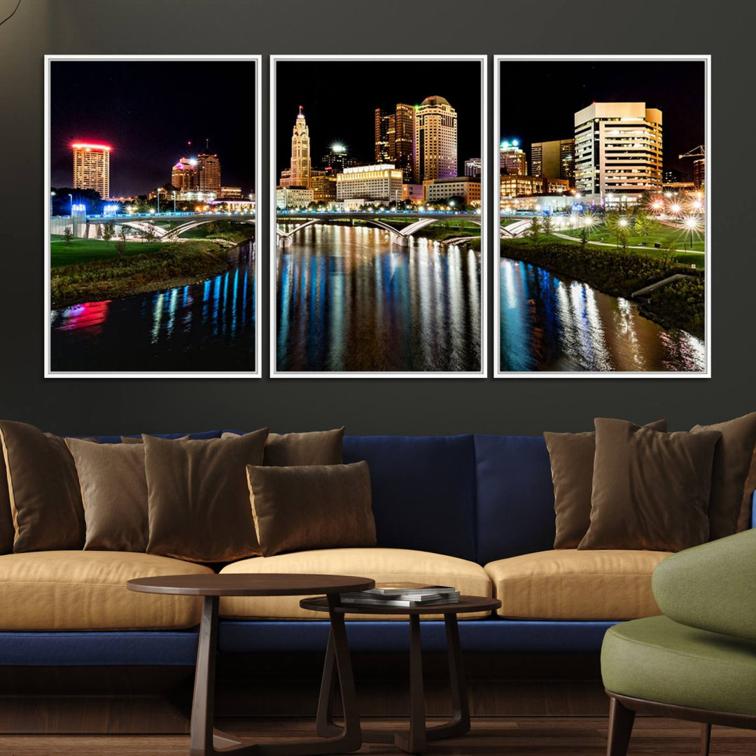 The Columbus City Lights Night Skyline Wall Art Canvas Print adorns the wall.