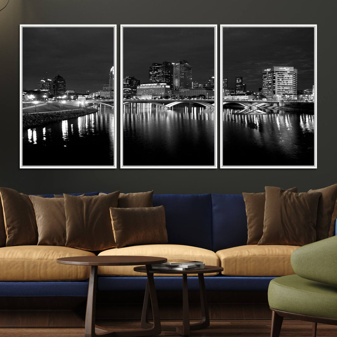 Columbus City Lights Skyline canvas print in black and white, featuring museum-quality craftsmanship and free shipping.