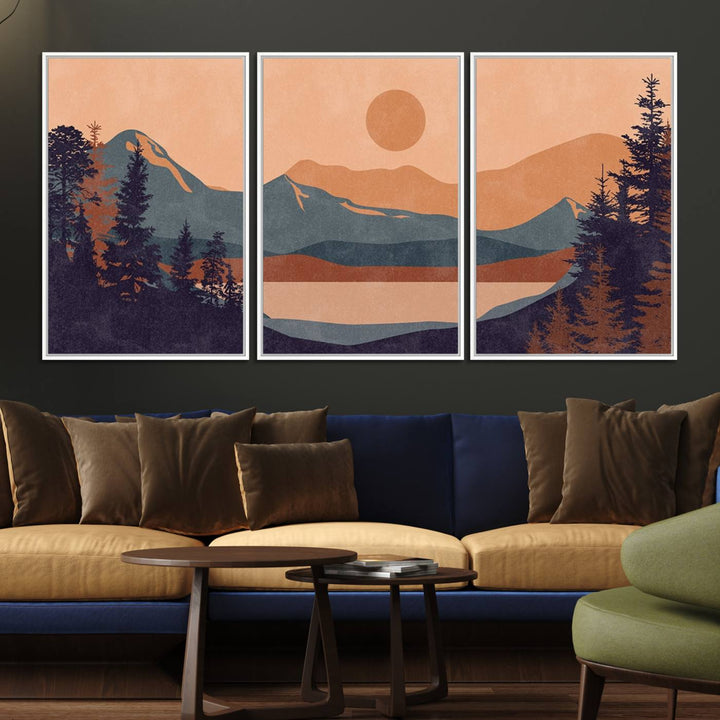 The Modern Boho Sunset Triptych displays a mountain sunset.