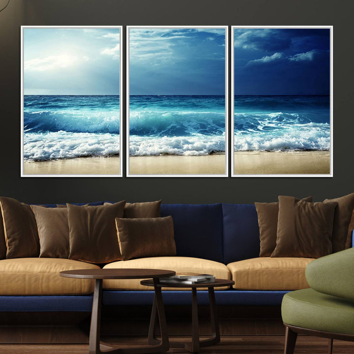 The Majestic Ocean Wave Wall Art Canvas, a 3-panel seascape print, is featured prominently.