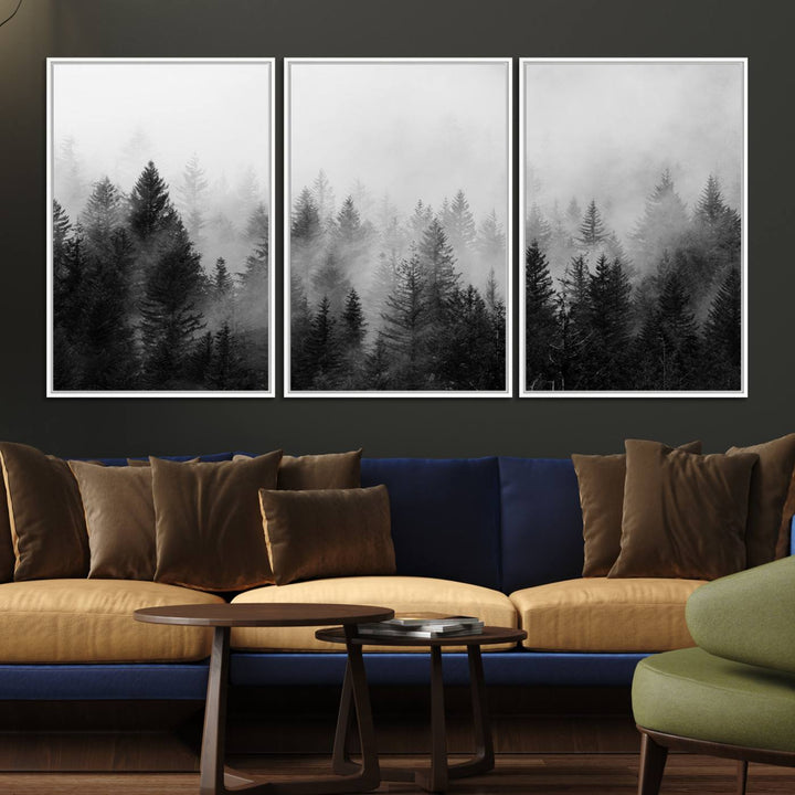 The Foggy B&W Forest Wall Art, featuring pine trees, enhances the minimalist kitchen ambiance.