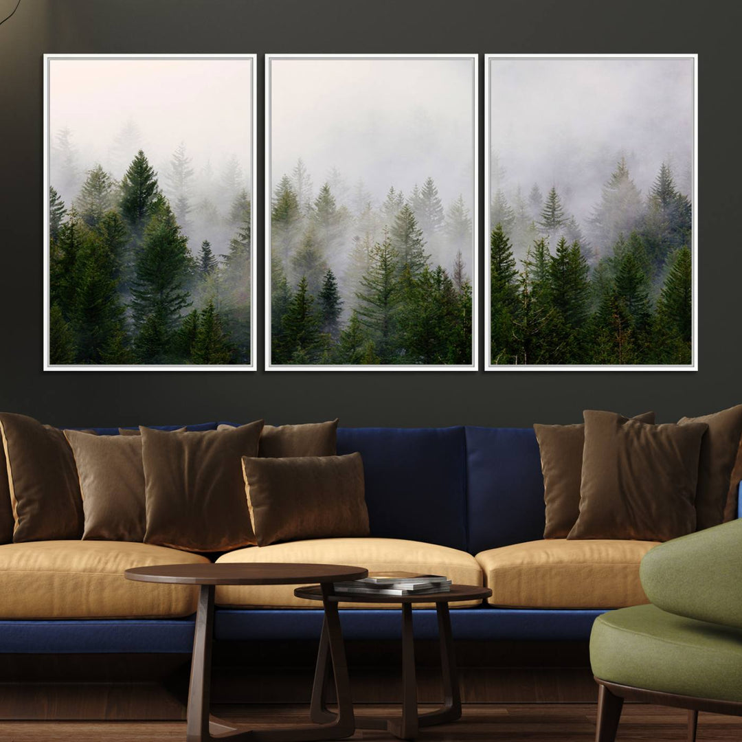 Misty Pine Forest Canvas Print serves as a foggy forest decor piece in the kitchen.