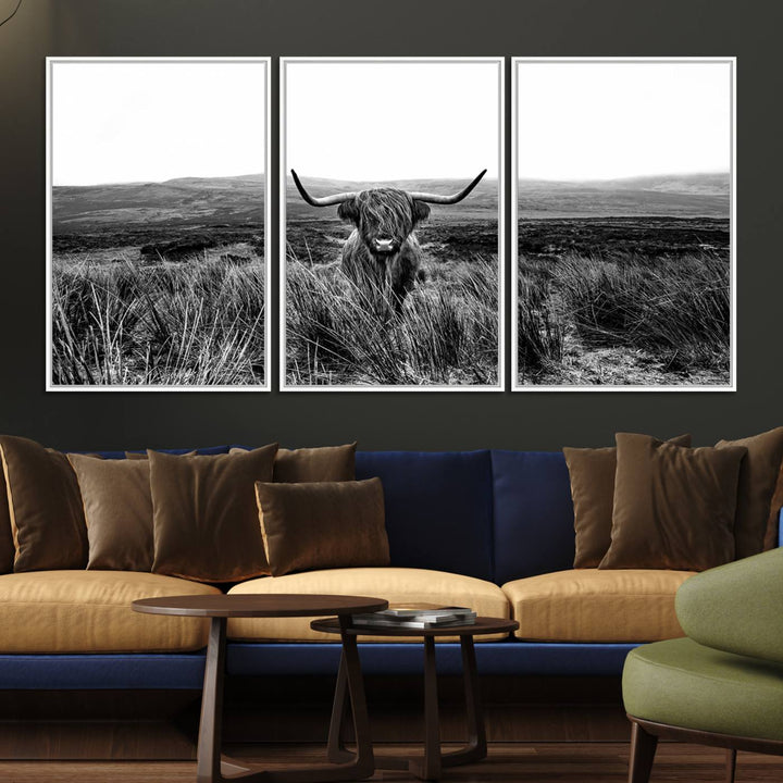 Dining room featuring a Black and White Highland Cow Canvas for a Western-themed decor.