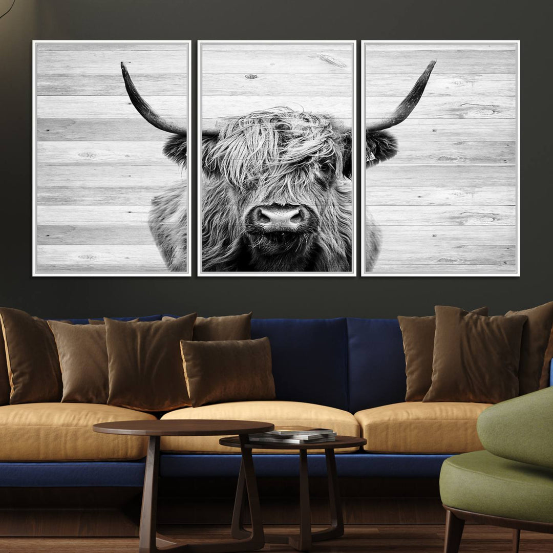 Scottish Highland Cow Cattle Art adds rustic farmhouse charm to the space.