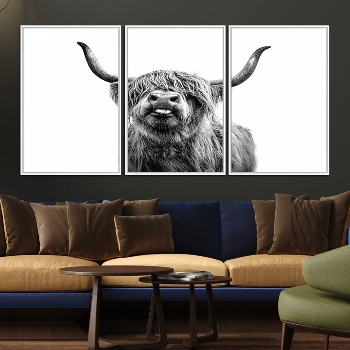 The Fanny Highland Cow art print decorates the modern kitchen, featured in black and white.