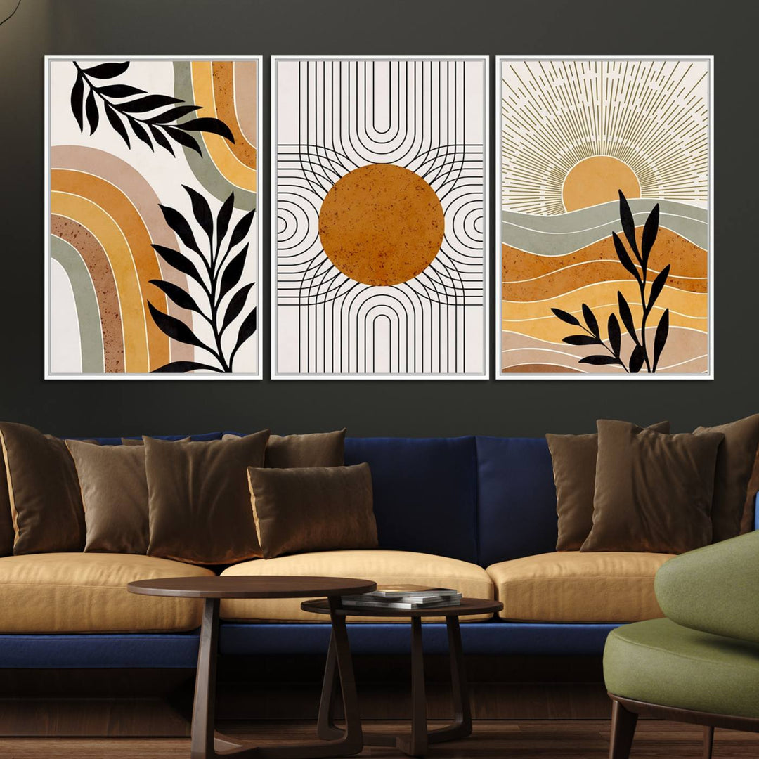 The Modern Boho Sun and Leaf giclée canvas is a 3-panel piece designed for mid-century or bohemian decor.