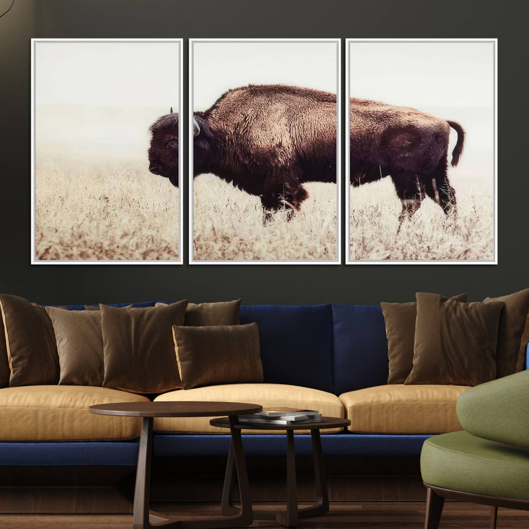 The dining room showcases the Bison in Field canvas print.