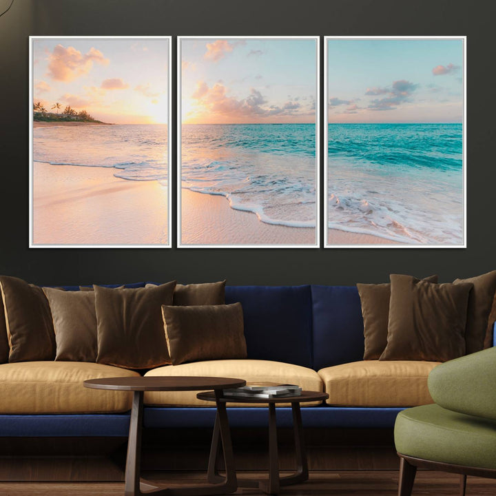 The kitchen features the Beach Sunrise Wall Art, Coastal Sunset Beach Scene.