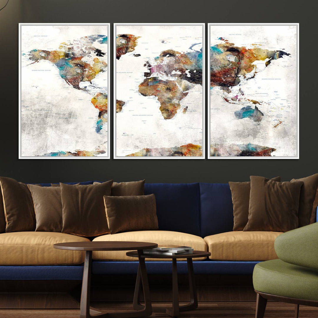 The Colorful World Map Wall Art Canvas Print adds vibrance to the space, ideal for geography lovers.