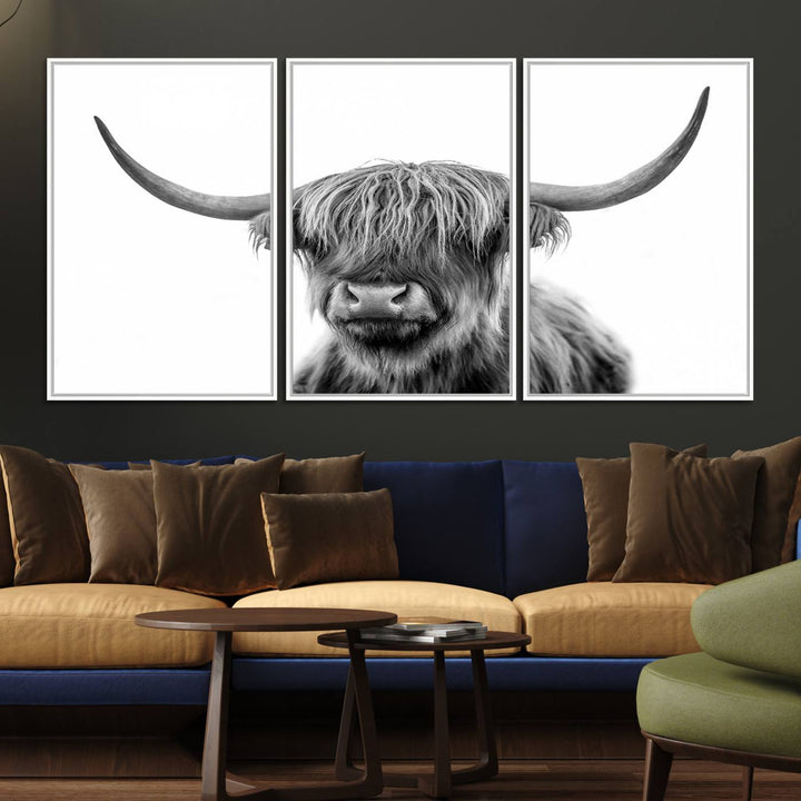 The Grayscale Scottish Highland Cow canvas is a museum-quality piece perfect for your dining room. Enjoy free shipping on this stunning artwork!.