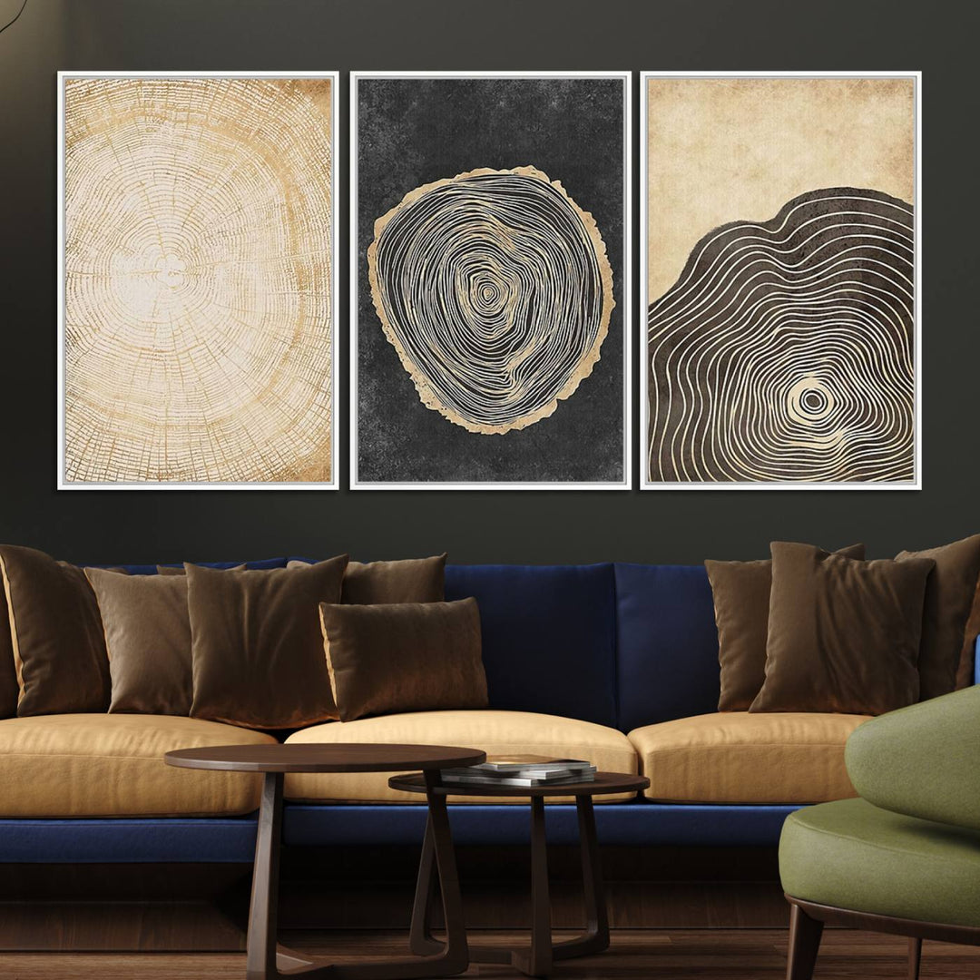 Tree Rings Canvas Wall Art Print hangs prominently in a modern kitchen.