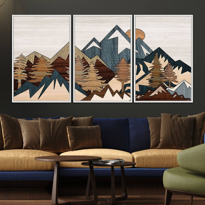 A Woodland Mountain Landscape Triptych serves as the centerpiece of the rustic decor.