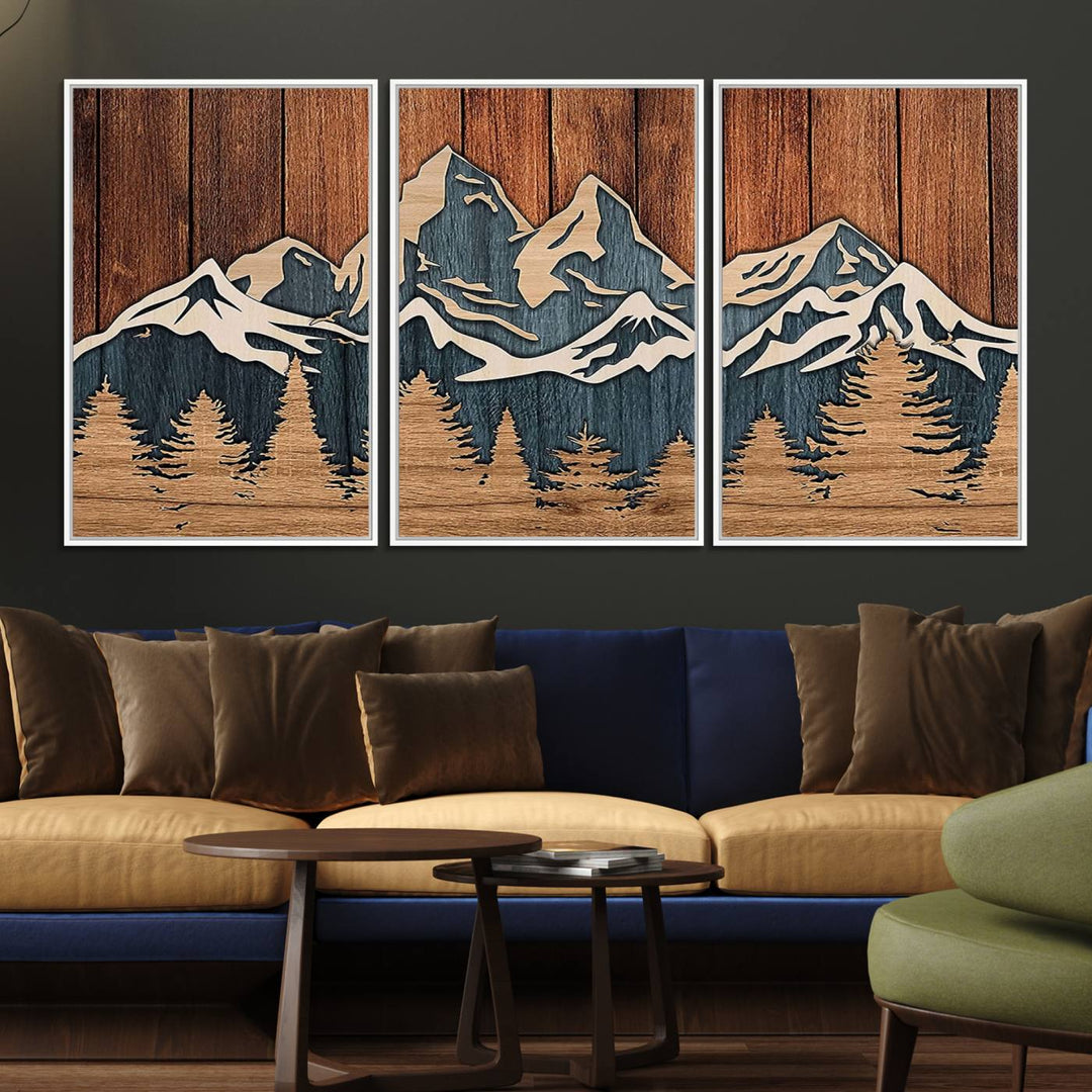 Rustic Wood Style Mountain Wall Art hangs on the wall.