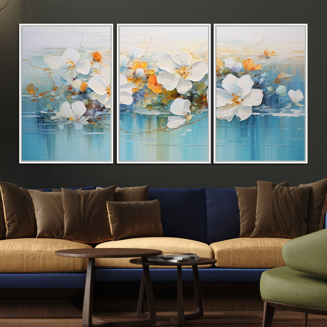 An Abstract Flower Wall Art Canvas Print in blue and orange hues.