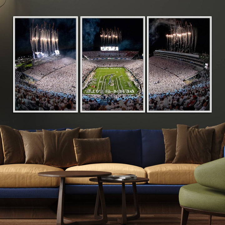 The perfect Penn State Football canvas wall art features a depiction of Beaver Stadium filled with fans in white, with fireworks exploding above.