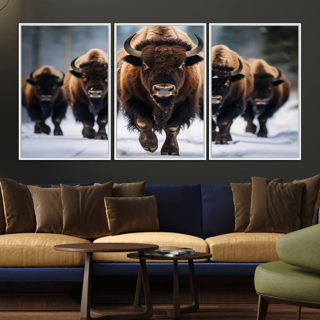 The dining room features an American Bison Herd Canvas Print against the snow.