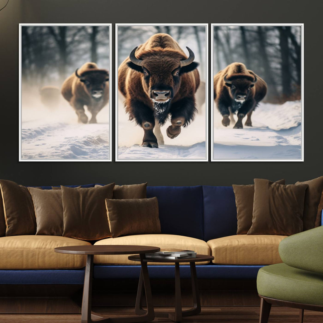 Wall art titled Cow Bighorn shows three bison running through snow in a forest.