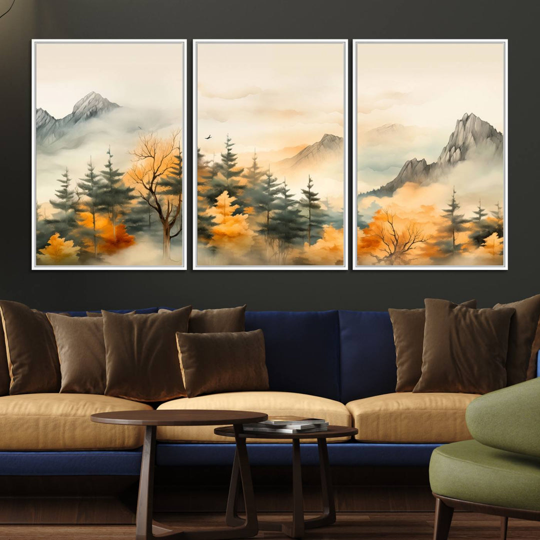 A wall art of Abstract Watercolor Mountains and Trees Autumn on museum-quality canvas.